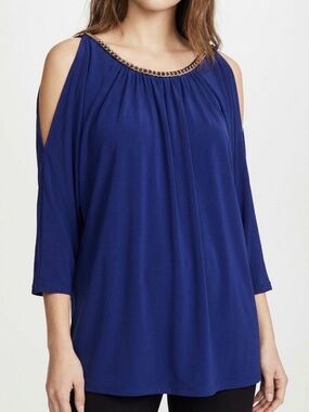 Carmen Marc Valvo Royal Blue Cold‑Shoulder Jewel‑Neck Tunic – Size 1X